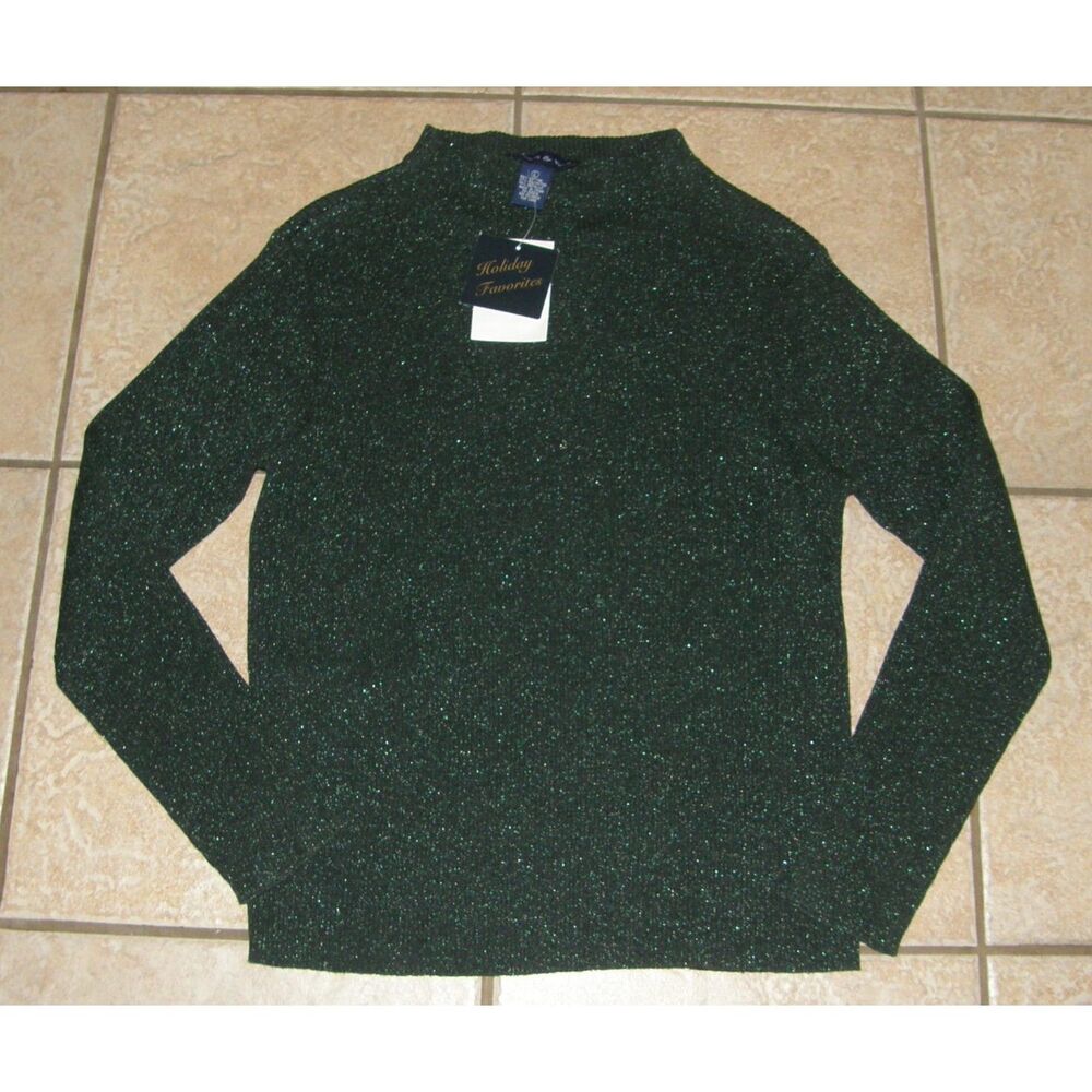 NEW Sparkly Dark Green Sz Large Stretchy Mock Neck Lightweight Holiday Sweater